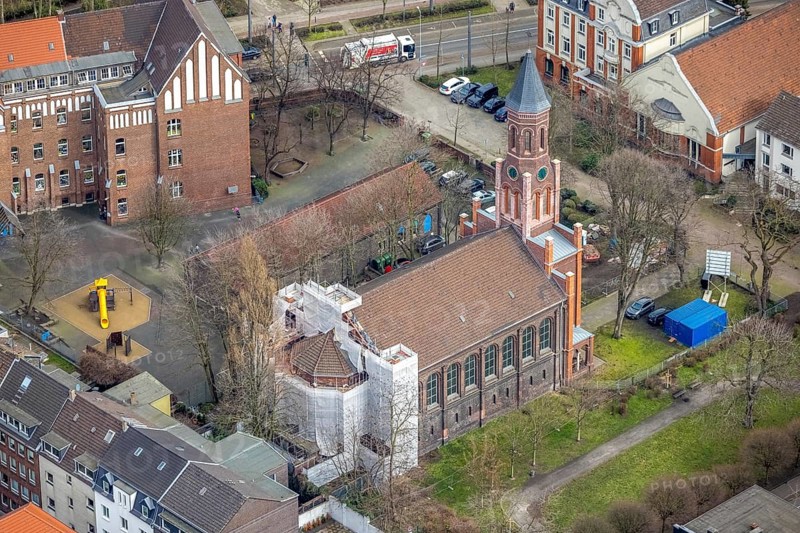 Aerial view, construction site Christuskirche, city centre, Oberhausen, Ruhr area, North Rhine-Westphalia, Germany, place of worship, construction work, construction area, construction measure, construction project, construction site, DE, Europe, religious community, place of worship, holy place, church, parish, denomination, aerial photograph, aerial photography, aerial photography, Nohlstraße, religion, religious site, overview, bird's-eye view, overview