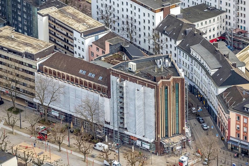 Aerial photograph, Bert-Brecht-Haus, city centre, Oberhausen, Ruhr area, North Rhine-Westphalia, Germany, construction work, construction area, construction project, construction site, DE, adult education facility, Europe, aerial photograph, aerial photography, aerial photography, Paul-Reusch-Straße, renovation, refurbishment, overview, bird's-eye view, birds-eyes view, overview