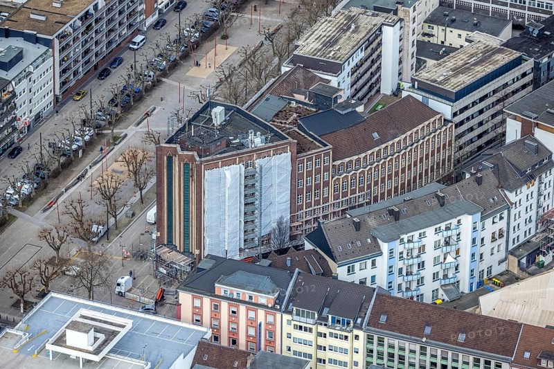 Aerial photograph, Bert-Brecht-Haus, city centre, Oberhausen, Ruhr area, North Rhine-Westphalia, Germany, construction work, construction area, construction project, construction site, DE, adult education facility, Europe, aerial photograph, aerial photography, aerial photography, Paul-Reusch-Straße, renovation, refurbishment, overview, bird's-eye view, birds-eyes view, overview