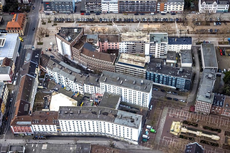 Aerial photograph, Bert-Brecht-Haus, city centre, Oberhausen, Ruhr area, North Rhine-Westphalia, Germany, construction work, construction area, construction project, construction site, DE, adult education facility, Europe, aerial photograph, aerial photography, aerial photography, Paul-Reusch-Straße, renovation, refurbishment, overview, bird's-eye view, birds-eyes view, overview