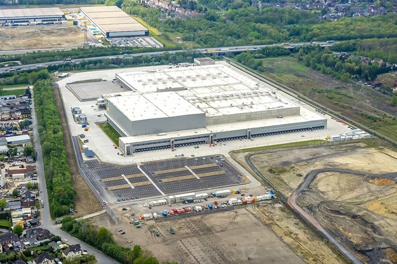 Aerial view, Edeka central warehouse logistics centre, Logport V, LLogport 5, Waldteich, Schwarze Heide, Oberhausen, Ruhr area, North Rhine-Westphalia, Germany, A3 motorway, DE, Edeka Rhein-Ruhr, Europe, freight traffic, logistics, logistics service, logistics service provider, logistics provider, logistics centre, aerial view, aerial photography, aerial photography, forwarding, transport, transport service, overview, bird's-eye view, Waldteichstraße, birds-eyes view, overview