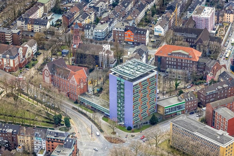 Aerial view, Hans-Böckler-Berufskolleg, Christuskirche, Marienviertel, Oberhausen, Ruhr area, North Rhine-Westphalia, Germany, place of worship, education, educational institution, DE, Europe, religious community, house of worship, holy place, high-rise building, church, parish, college, denomination, educational institute, aerial view, aerial photography, aerial photography, religion, religious site, school, overview, bird's-eye view, overview