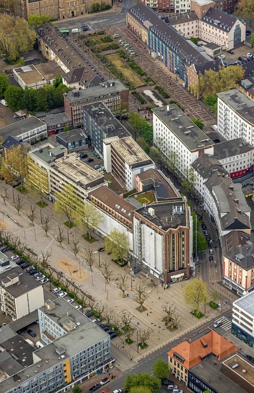 Aerial photograph, Bert-Brecht-Haus, city centre, Oberhausen, Ruhr area, North Rhine-Westphalia, Germany, construction work, construction area, construction project, construction site, DE, adult education facility, Europe, aerial photograph, aerial photography, aerial photography, Paul-Reusch-Straße, renovation, refurbishment, overview, cladding, bird's eye view, birds-eyes view, overview