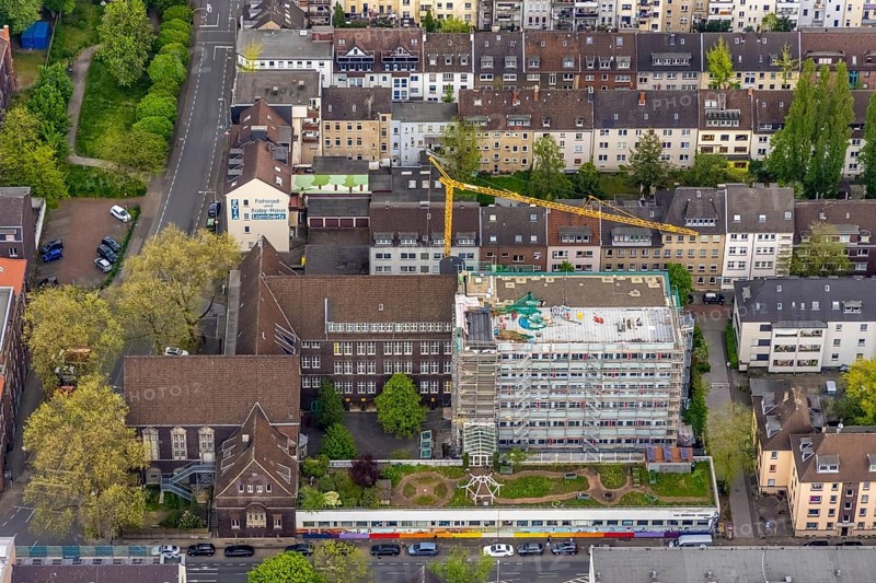 Aerial view, construction site Elsa-Brändström-Gymnasium, city centre, Oberhausen, Ruhr area, North Rhine-Westphalia, Germany, construction work, construction area, construction site, building plots, construction measure, construction project, construction site, education, educational institution, Christian-Steger-Straße, DE, Europe, grammar school, teaching institute, aerial view, aerial photography, aerial photography, new building, school, overview, bird's-eye view, overview