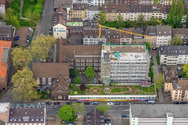 Aerial view, construction site Elsa-Brändström-Gymnasium, city centre, Oberhausen, Ruhr area, North Rhine-Westphalia, Germany, construction work, construction area, construction site, building plots, construction measure, construction project, construction site, education, educational institution, Christian-Steger-Straße, DE, Europe, grammar school, teaching institute, aerial view, aerial photography, aerial photography, new building, school, overview, bird's-eye view, overview