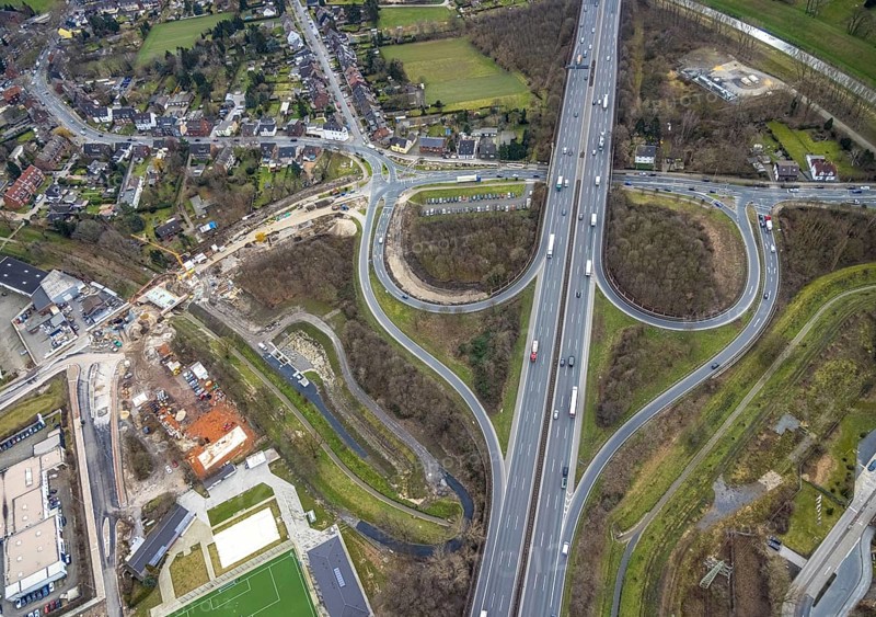 Aerial view, A3 motorway junction Oberhausen-Holten, construction site feeder road, Schwarze Heide, Oberhausen, Ruhr area, North Rhine-Westphalia, Germany, A3 motorway, motorway junction, construction work, construction area, construction site, building plot, construction project, construction site, DE, Europe, aerial view, aerial photography, aerial photography, new construction, overview, bird's-eye view, bird's-eye view, overview