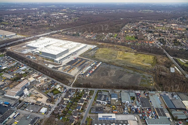 Aerial photo, Edeka central warehouse Oberhausen, Schwarze Heide, Oberhausen, Ruhr area, North Rhine-Westphalia, Germany, DE, Europe, freight transport, logistics, logistics service, logistics service provider, logistics centre, aerial photo, aerial photography, aerial photography, overview, bird's-eye view, Waldteichstraße, birds-eyes view, overview