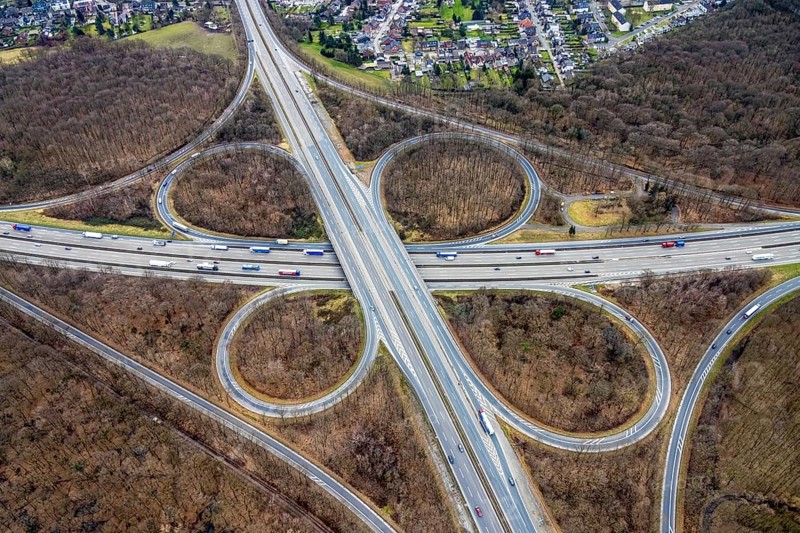Aerial view, motorway junction Oberhausen, A2 and A3, Alsfeld, Oberhausen, Ruhr area, North Rhine-Westphalia, Germany, motorway A2, motorway A3, motorway junction, DE, Europe, aerial view, aerial photography, aerial photography, road traffic, overview, bird's-eye view, overview