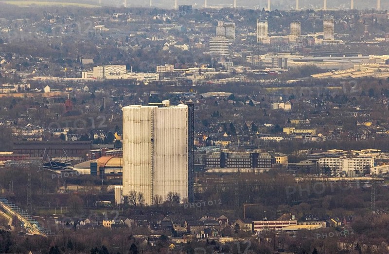 Aerial view, gasometer renovation measures, covered gasometer at CentrO, Borbeck, Oberhausen, Ruhr area, North Rhine-Westphalia, Germany, DE, Europe, industrial monument, culture, art, aerial view, aerial photography, aerial photography, overview, events, venue, event centre, bird's eye view, birds-eyes view, cultural use, overview