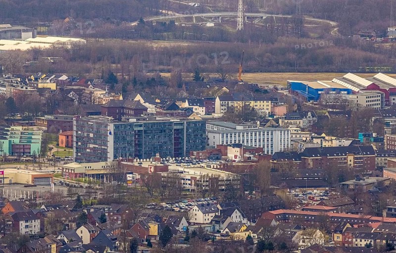Aerial view, shopping centre Sterkrader Tor, technical town hall, Sterkrade Mitte, Oberhausen, Ruhr area, North Rhine-Westphalia, Germany, authority, DE, shopping centre, shopping markets, shopping square, shopping centre, Europe, aerial view, aerial photography, aerial photography, town hall, shopping centre, overview, bird's-eye view, overview