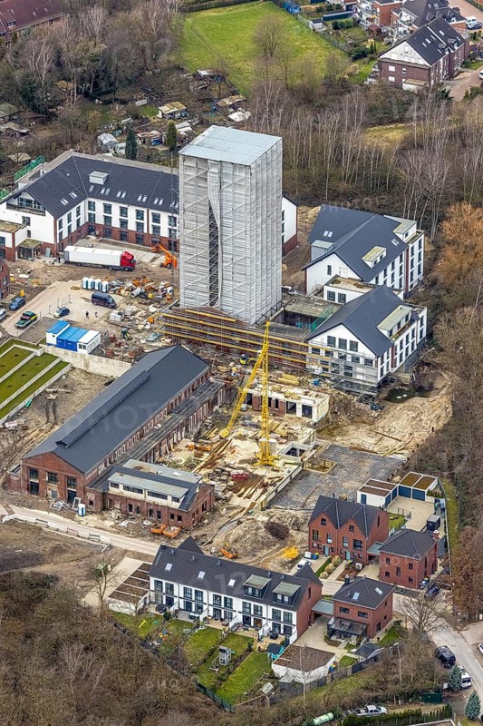 Aerial view, construction site, new development area, residential buildings Am Schacht IV, Kursana Domizil Oberhausen, Klosterhardt, Oberhausen, Ruhr area, North Rhine-Westphalia, Germany, retirement home, retirement home, old people's home, construction work, construction area, building site, building plots, construction crane, construction project, construction site, care and nursing, DE, Europe, property tax, real estate, aerial view, aerial photography, aerial photography, new building, care facility, retirement home, retirement residence, retirement home, retirement centre, tower, overview, bird's-eye view, residential complex, residential area, residential buildings, residential quality, residential quarter, housing estate, birds-eyes view, overview