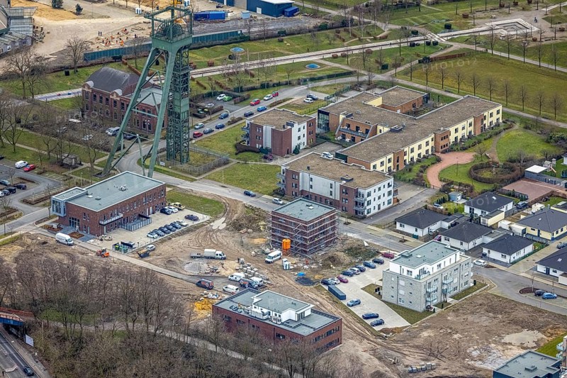 Aerial view, construction site, new building, commercial area Zum Steigerhaus, senior citizens' residence Am Olga-Park, Osterfeld, Oberhausen, Ruhr area, North Rhine-Westphalia, Germany, retirement home, nursing home, care and nursing, DE, Europe, winding tower, commercial enterprises, commercial area, commercial area, commercial location, commercial use, industrial area, industrial location, aerial view, aerial photography, aerial photography, care facility, retirement home, retirement residence, retirement home, retirement centre, overview, bird's eye view, birds-eyes view, overview