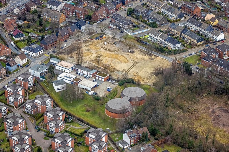 Aerial photo, RWW Rheinisch-Westfälische Wasserwerksgesellschaft mbH, construction site, Tackenberg West, Oberhausen, Ruhr area, North Rhine-Westphalia, Germany, construction work, construction area, construction site, building plot, construction measure, construction project, DE, Europe, aerial photo, aerial photography, aerial photography, overview, bird's-eye view, overview