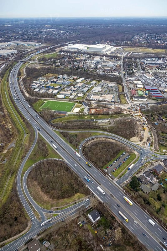 Aerial view, business park Im Erlengrund, Edeka central warehouse, Basamentwerke Böcke GmbH, motorway A3 motorway junction Oberhausen-Holten, construction site feeder road, Schwarze Heide, Oberhausen, Ruhr area, North Rhine-Westphalia, Germany, motorway A3, motorway junction, construction work, construction area, construction site, building plots, construction, construction project, construction site, DE, Europe, commercial enterprises, commercial area, commercial park, commercial location, commercial use, industrial area, industrial building, industrial location, aerial view, aerial photography, aerial photography, new building, overview, bird's-eye view, Waldteichstraße, birds-eyes view, overview