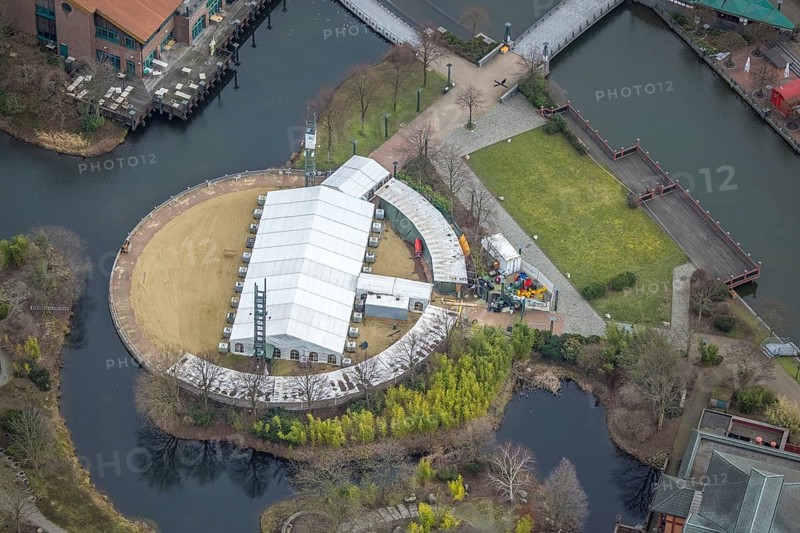 Aerial view, CentrO Beach with tent, Borbeck, Oberhausen, Ruhr area, North Rhine-Westphalia, Germany, CentrO-Promenade, DE, Europe, aerial view, aerial photography, aerial photography, overview, bird's eye view, birds-eyes view, centrO Oberhausen, overview