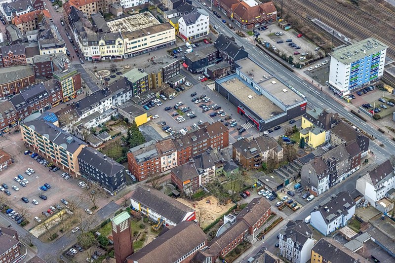 Aerial view, city centre view, market place Osterfeld, Osterfeld, Oberhausen, Ruhr area, North Rhine-Westphalia, Germany, DE, Europe, aerial view, aerial photography, aerial photography, market place, Rewe supermarket, overview, bird's eye view, birds-eyes view, overview