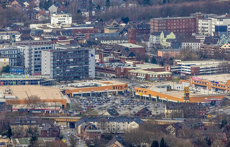 Aerial view, shopping centre Sterkrader Tor, technical town hall, Sterkrade Mitte, Oberhausen, Ruhr area, North Rhine-Westphalia, Germany, authority, DE, shopping centre, shopping markets, shopping square, shopping centre, Europe, aerial view, aerial photography, aerial photography, town hall, shopping centre, overview, bird's-eye view, overview