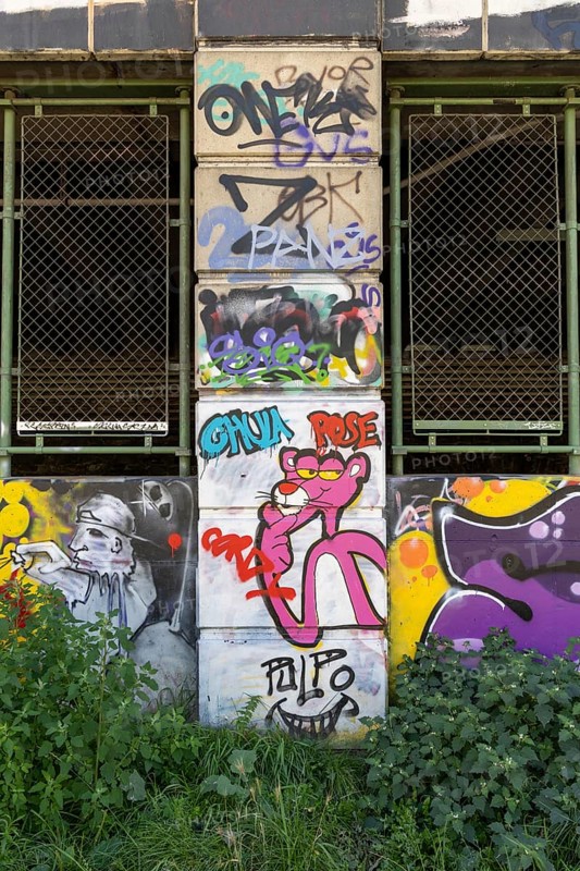 Graffiti with the pink panther on a wall-covered urban scene, Am Donaukanal Innere Stadt Vienna Austria