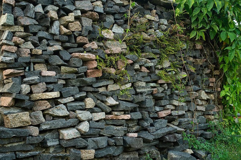 Rough stone wall stacking with overgrown greenery on a side-Dhaka, Bangladesh