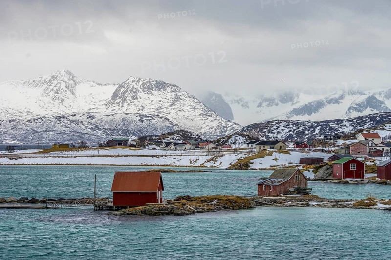 Norway tromsö snow mountains sea turquoise, village