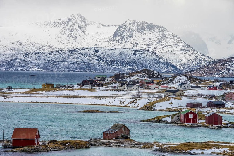 Norway tromsö snow mountains sea turquoise, village