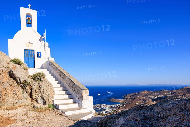 View of Agios Konstantinos church and Livadi bay in the distance, Chora, Serifos Island, Cyclades, Greek Islands, Greece