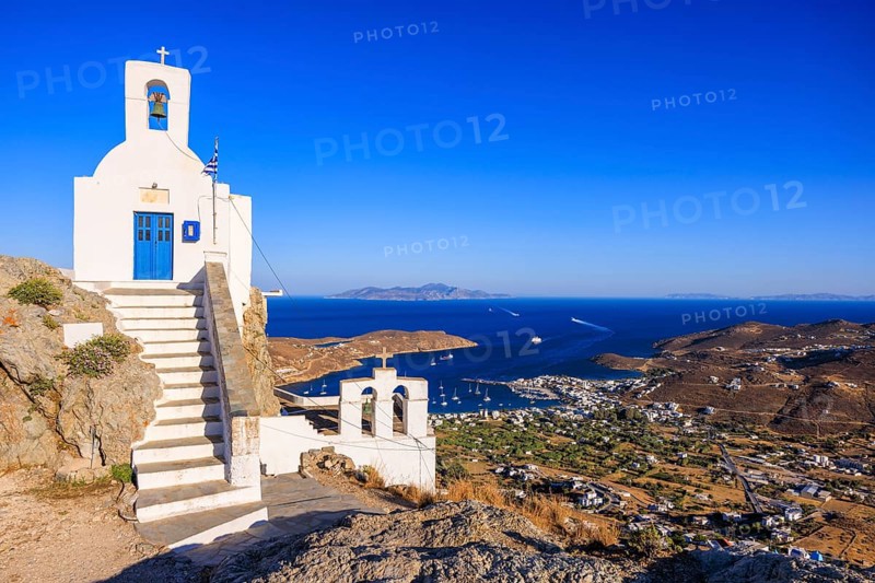 View of Agios Konstantinos church and Livadi bay in the distance, Chora, Serifos Island, Cyclades, Greek Islands, Greece