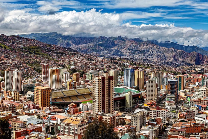 City view with skyscrapers and mountain landscape in the background, The houses and skyscrapers of the city centre of La Paz in Bolivia