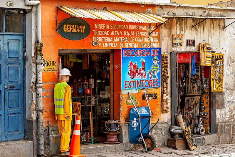 A small shop with an orange façade and various tools in an urban street scene, A small DIY store in the streets of La Paz in Bolivia