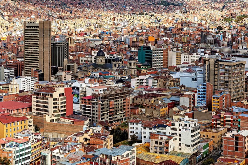 Dense development in the centre of La Paz with different architectural styles, The houses and skyscrapers of the city centre of La Paz in Bolivia