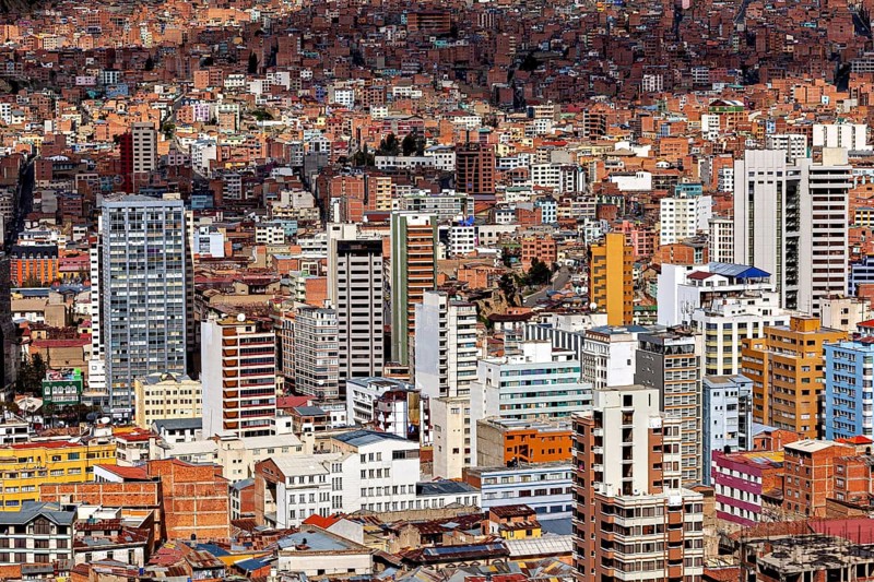 Urban cityscape with a high density of high-rise buildings, The houses and skyscrapers of the city centre of La Paz in Bolivia