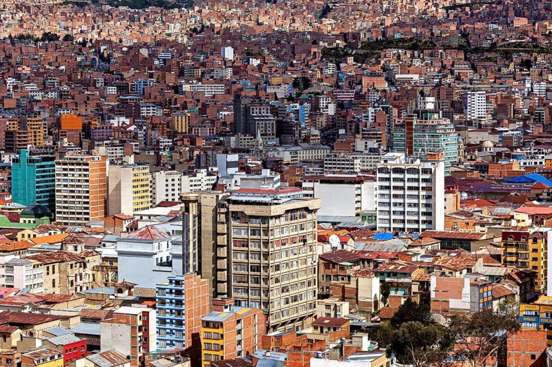 View of a city with many buildings in densely populated surroundings, The houses and skyscrapers of the city centre of La Paz in Bolivia