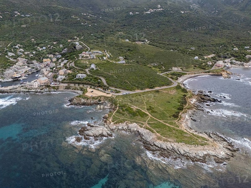 View of Centuri-Port with typical slate-roofed houses, aerial view, Corsica, France