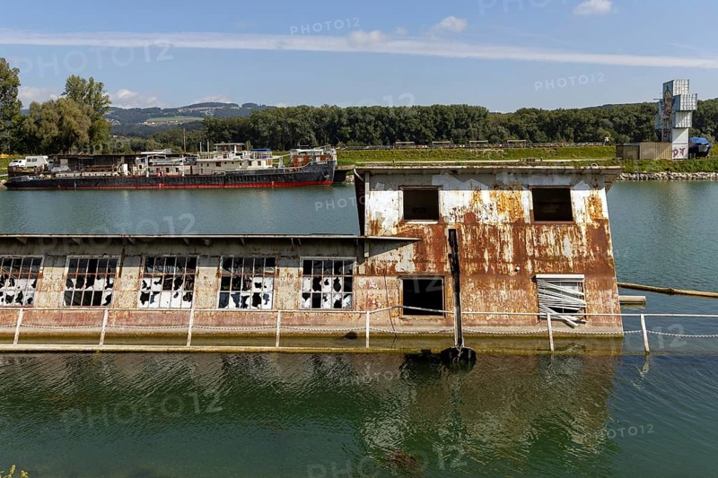 Rusty, dilapidated building on the water in a natural environment, at the harbour Linz Upper Austria Austria