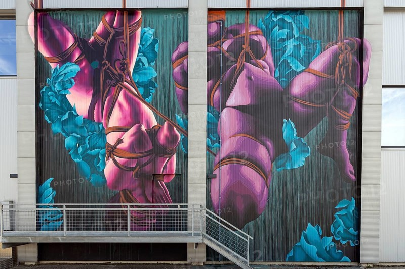 Mural with Shibari theme and bright turquoise and pink colours, at the port of Linz Upper Austria Austria