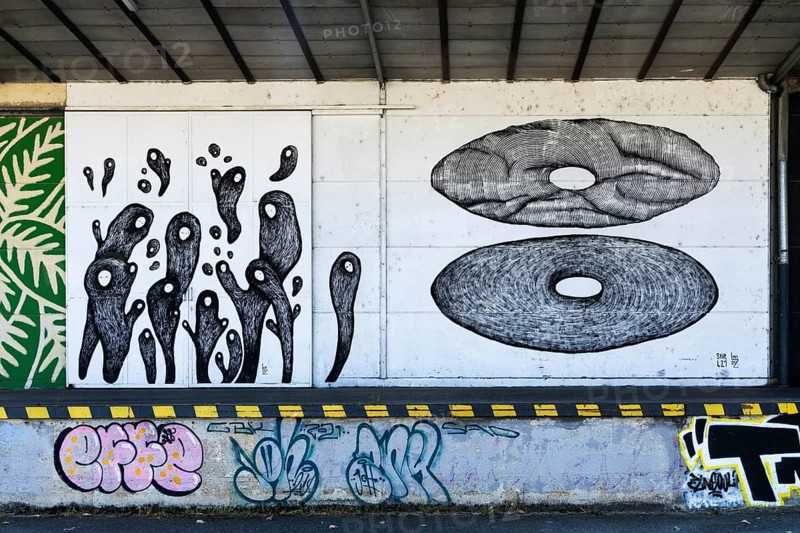 Abstract shapes and graphic patterns in black and white on a wall, at the harbour in Linz, Upper Austria Austria