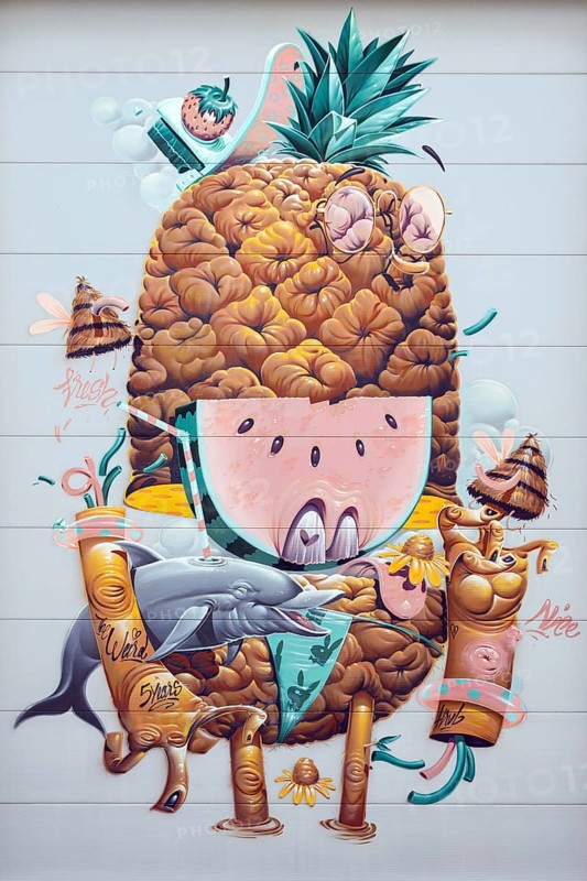 Humorous depiction of a pineapple with anthropomorphic features, at the port of Linz Upper Austria Austria