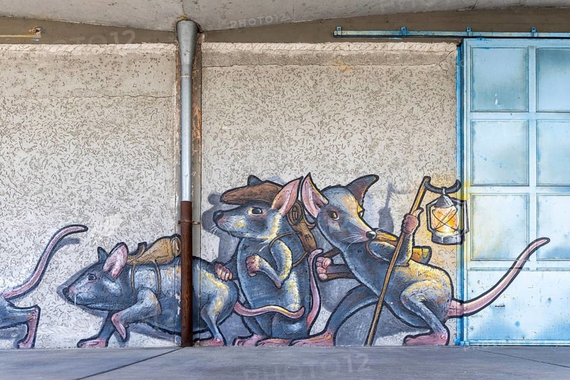 Imaginative depiction of mice with a lantern as wall graffiti, at Linz harbour Upper Austria Austria