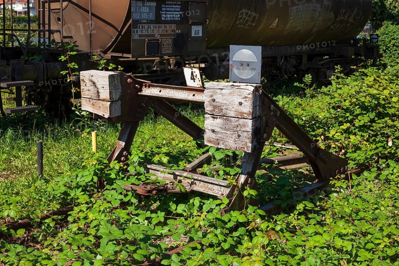 Old railway buffer in the harbour, Hamelin, Lower Saxony, Germany