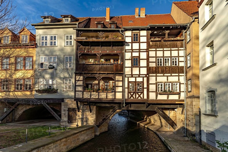 The half-timbered medieval Krämerbrücke bridge over the River Gera in Erfurt, Thuringia, Germany