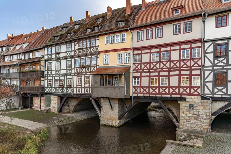 The half-timbered medieval Krämerbrücke bridge over the River Gera in Erfurt, Thuringia, Germany
