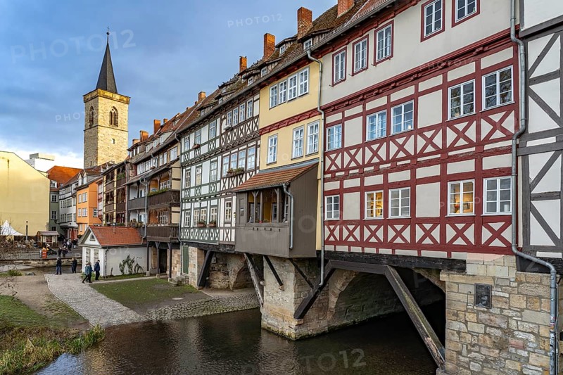 The half-timbered medieval Krämerbrücke bridge over the River Gera in Erfurt, Thuringia, Germany
