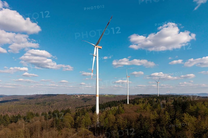Natural landscape with wind turbines and soft clouds, maintenance work, repair, near Schorndorf im Remstal, Baden-Württemberg, Germany