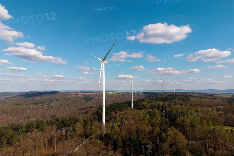 Green landscape with wind turbines and slightly cloudy sky, maintenance work, repair, near Schorndorf im Remstal, Baden-Württemberg, Germany