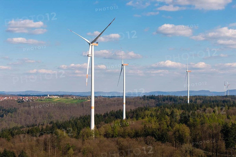 Wind turbines in a hilly, wooded area under a clear sky, maintenance work, repair, near Schorndorf im Remstal, Baden-Württemberg, Germany