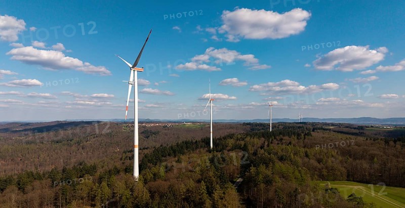 Wind turbines in a wooded area under a blue sky, maintenance work, repair, near Schorndorf im Remstal, Baden-Württemberg, Germany