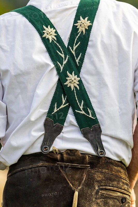 Cattle seperation, cattle drive, lederhosen, braces, Oberstdorf, Oberallgäu, Allgäu Alps, Bavaria, Germany