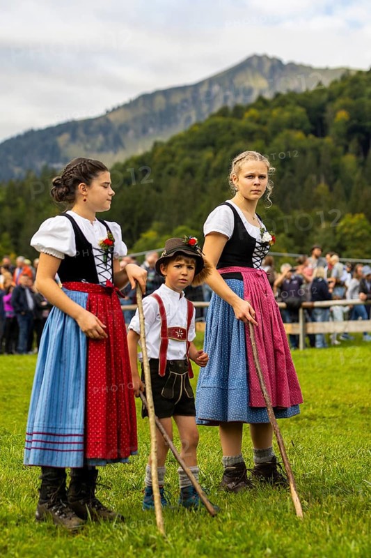 Cattle drive, cattle drive, domestic cattle (Bovidae), shepherdess, children, lederhosen, dirndl, traditional traditional costume, Oberstdorf, Oberallgäu, Allgäu Alps, Bavaria, Germany