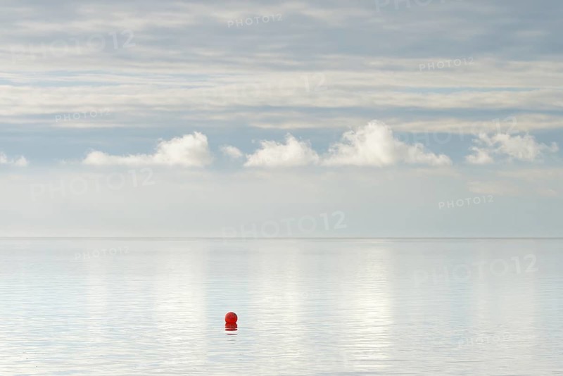 North Sea coast, special light atmosphere over the Wadden Sea with rising water and calm wind, red buoy, Norddeich, Lower Saxony, Germany