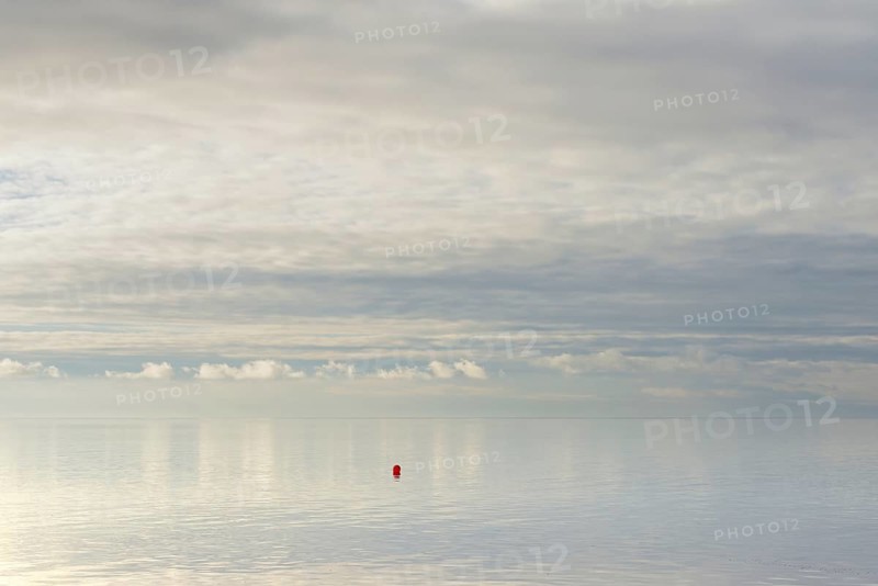 North Sea coast, special light atmosphere over the Wadden Sea with rising water and calm wind, red buoy, Norddeich, Lower Saxony, Germany